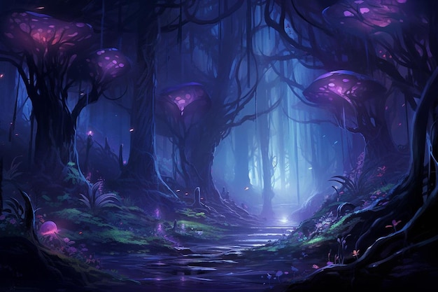 Una foresta con luci viola e una foresta oscura con un sentiero.