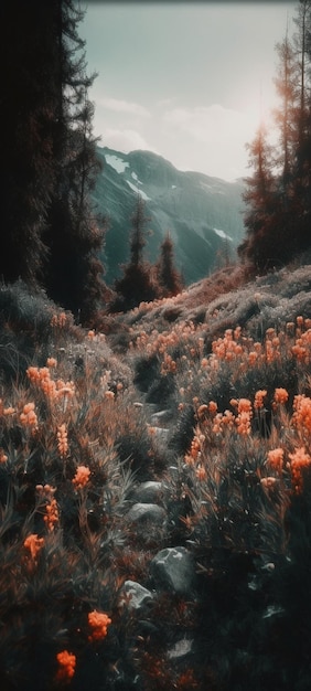 Una foresta con montagne e fiori