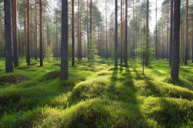 Una foresta con muschio verde sul terreno e un albero in primo piano