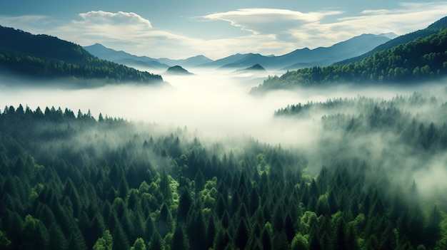 Una foresta con nebbia nelle montagne