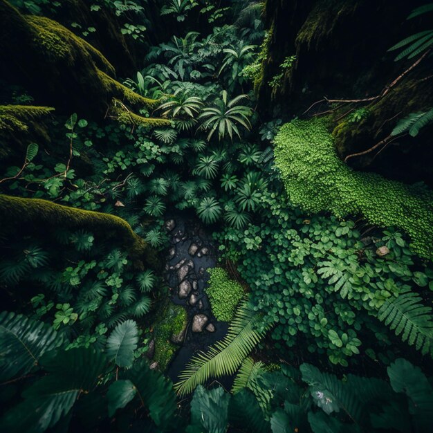 Una foresta con piante verdi e alberi in primo piano