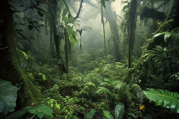 Una foresta con piante verdi e un albero sullo sfondo