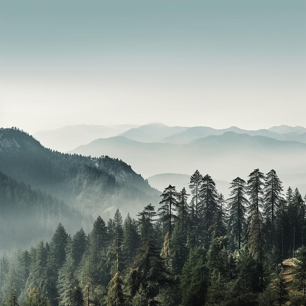 Una foresta con pini e montagne sullo sfondo