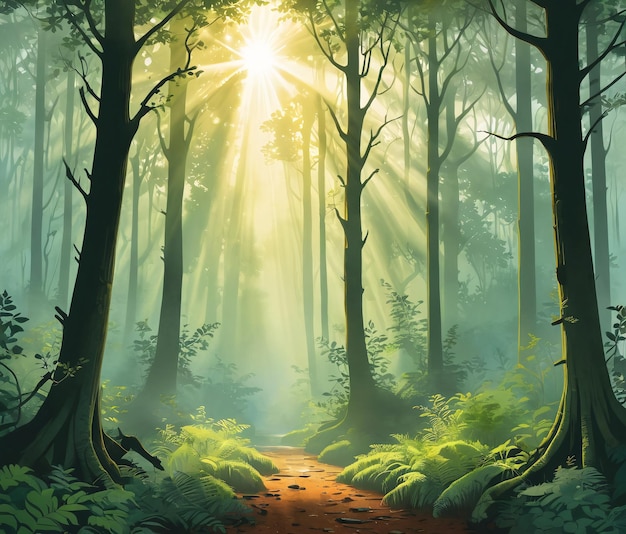 una foresta con raggi di sole che brillano attraverso gli alberi
