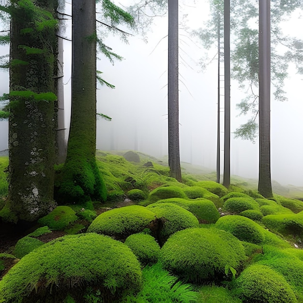 Una foresta con rocce coperte di muschio e alberi nella nebbia