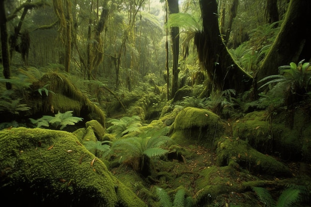 Una foresta con rocce coperte di muschio e alberi