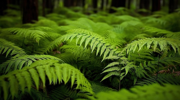 Una foresta con sopra felci verdi