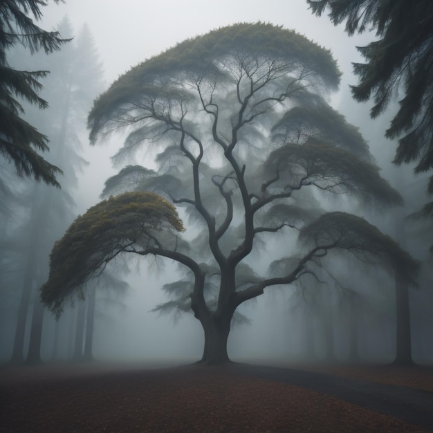 Una foresta con un albero e uno sfondo nebbioso