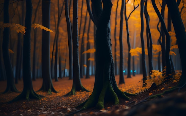 Una foresta con un albero in autunno