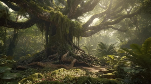 Una foresta con un albero nel mezzo