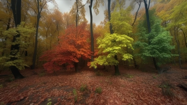 Una foresta con un arcobaleno di colori