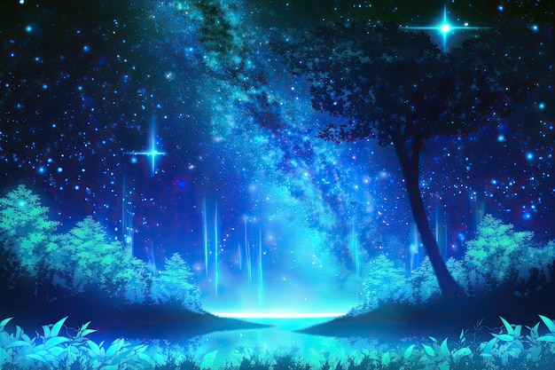 Una foresta con un cielo stellato e un albero