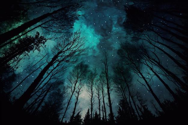 Una foresta con un cielo stellato e un cielo notturno stellato