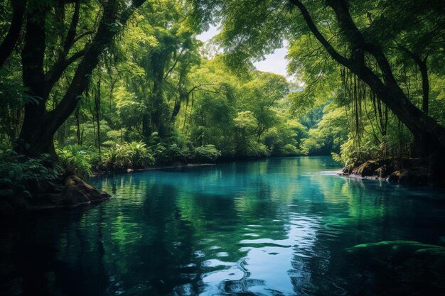 Una foresta con un fiume che ha un'acqua verde.