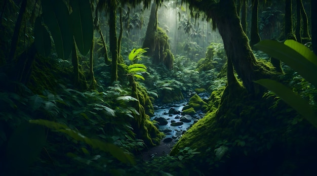 Una foresta con un fiume che la attraversa