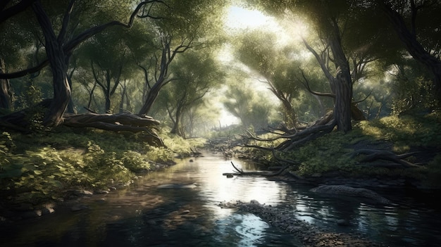 Una foresta con un fiume e alberi sullo sfondo