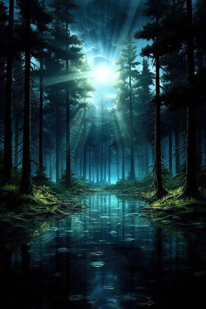 una foresta con un fiume e il sole che splende attraverso gli alberi