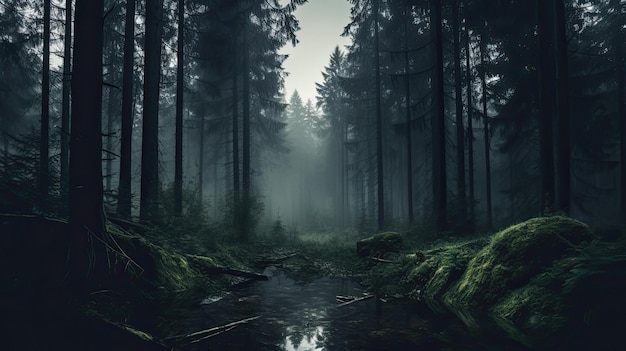 Una foresta con un fiume in mezzo