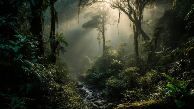 Una foresta con un fiume in primo piano e una foresta sullo sfondo.