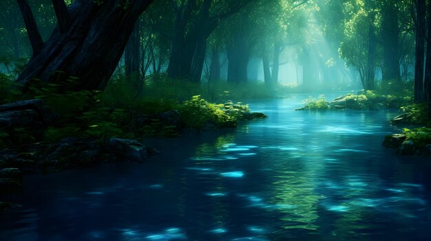 Una foresta con un fiume sullo sfondo