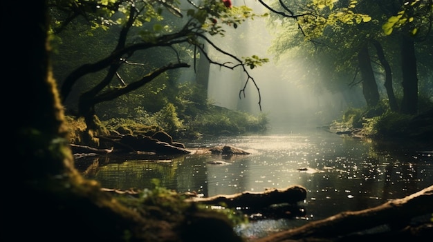 una foresta con un fiume sullo sfondo