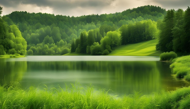 una foresta con un lago e alberi sullo sfondo