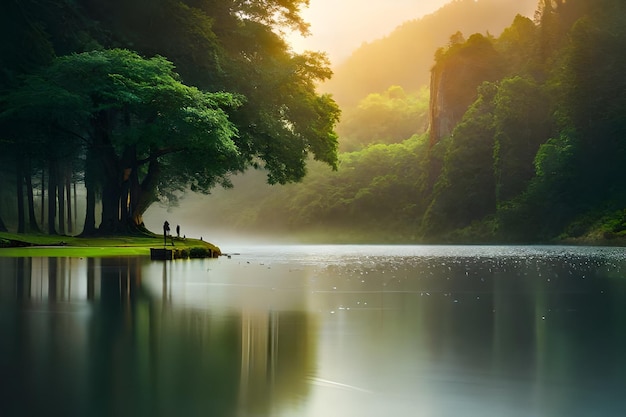 Una foresta con un lago sullo sfondo