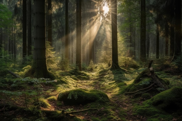 Una foresta con un raggio di sole nel cielo IA generativa