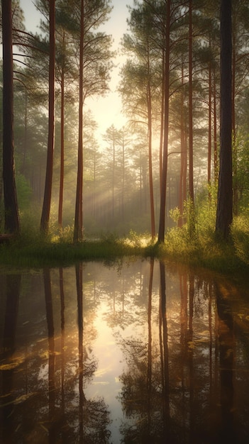 Una foresta con un riflesso del sole e degli alberi nell'acqua