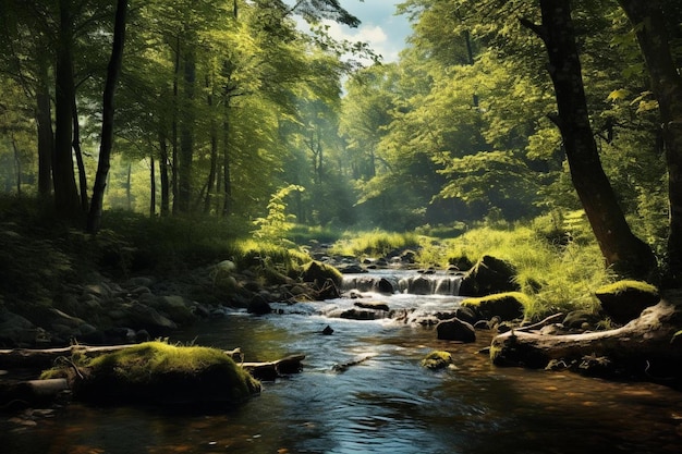 una foresta con un ruscello che la attraversa