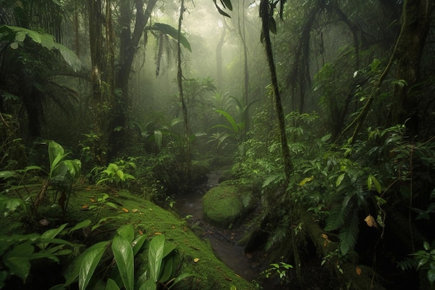 Una foresta con un ruscello in mezzo