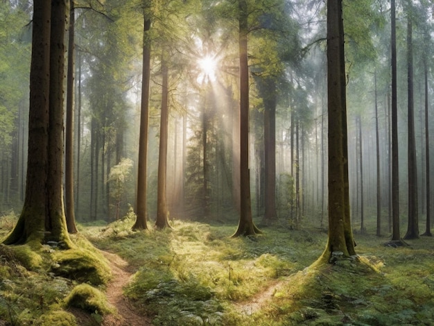 una foresta con un sentiero che ha il sole che splende attraverso gli alberi