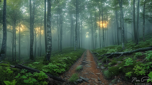 una foresta con un sentiero che ha un sentiero nella nebbia