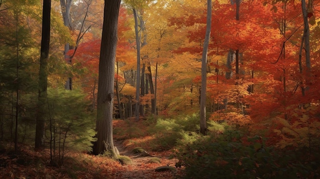 Una foresta con un sentiero coperto di foglie autunnali