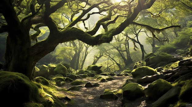 Una foresta con un sentiero e alberi in primo piano