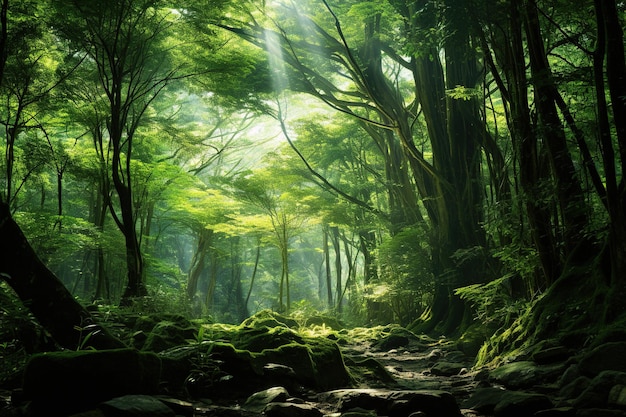 una foresta con un sentiero nel bosco