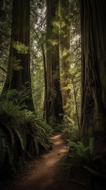 Una foresta con un sentiero su cui è scritta la parola sequoia