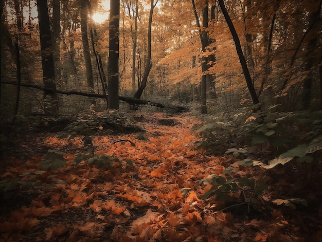 Una foresta con un sentiero su cui sono cadute delle foglie