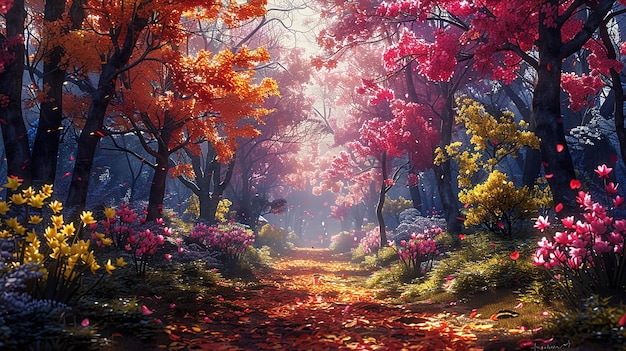 una foresta con un sentiero su cui sono cadute le foglie