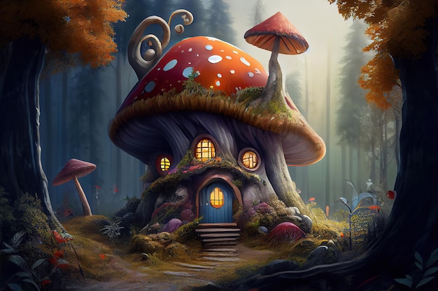 Una foresta con una casa a forma di fungo Generative Ai