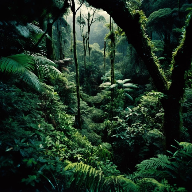 Una foresta con una giungla verde e un albero nel mezzo