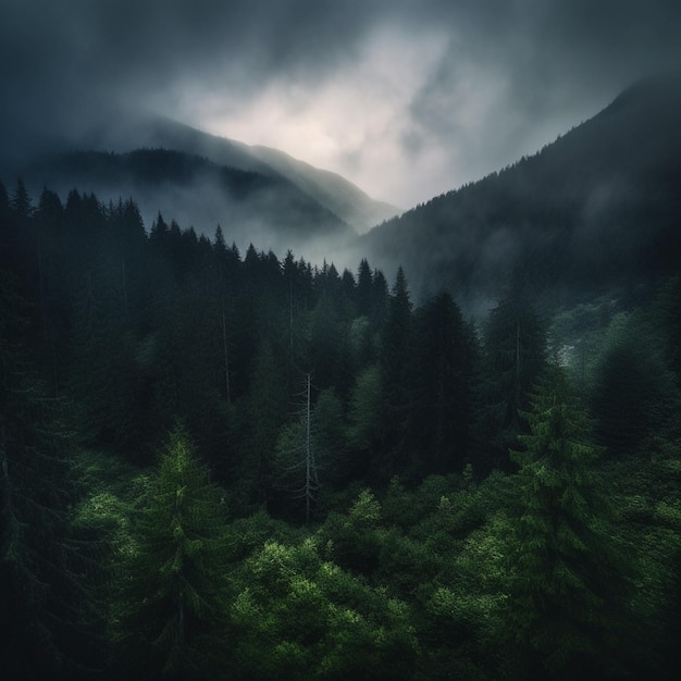 Una foresta con una montagna sullo sfondo e un cielo nebbioso sopra di essa.