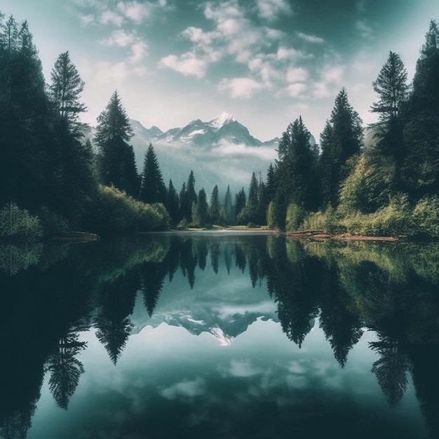 una foresta con una montagna sullo sfondo e un lago con una montagna sullo sfondo.
