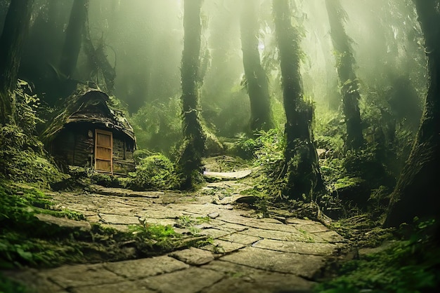 Una foresta con una piccola capanna al centro