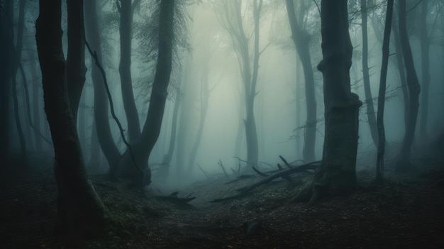 Una foresta con uno sfondo nebbioso e un albero in primo piano.