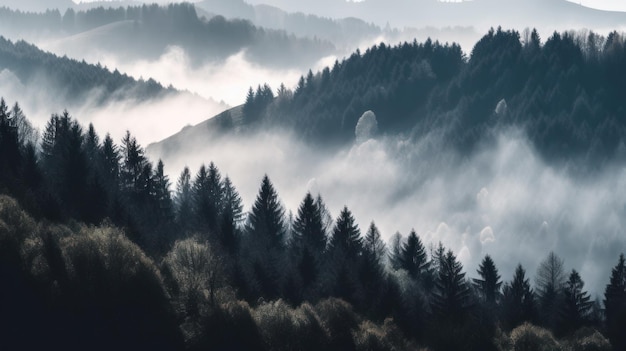 Una foresta con uno sfondo nebbioso