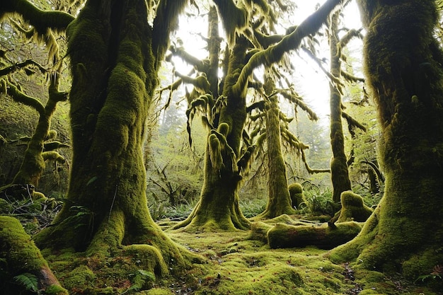 una foresta coperta di muschio con un sacco di alberi