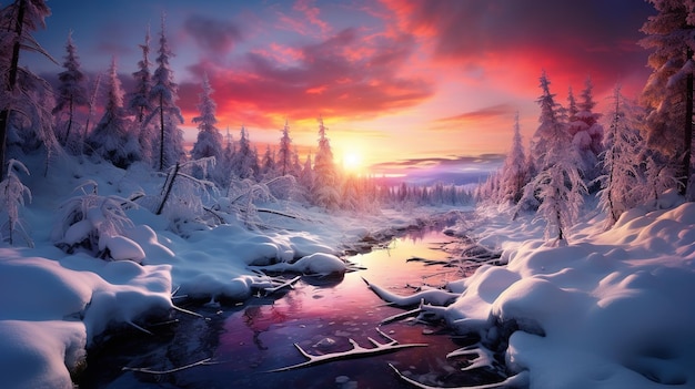 Una foresta coperta di neve è presentata al tramonto nello stile di colori ipnotici paesaggi luminosità o