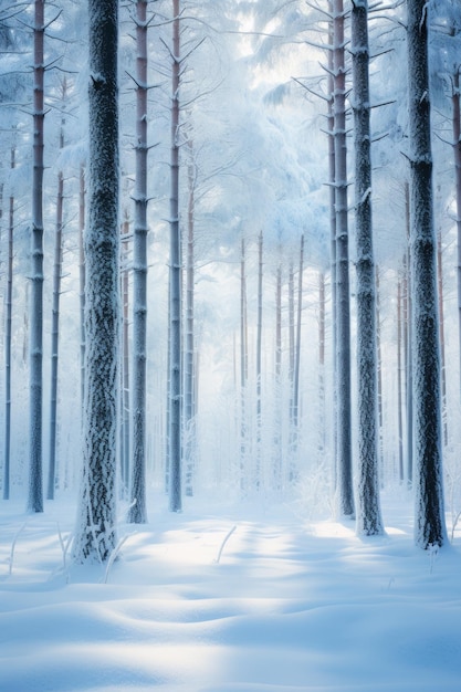 una foresta coperta di neve piena di alberi