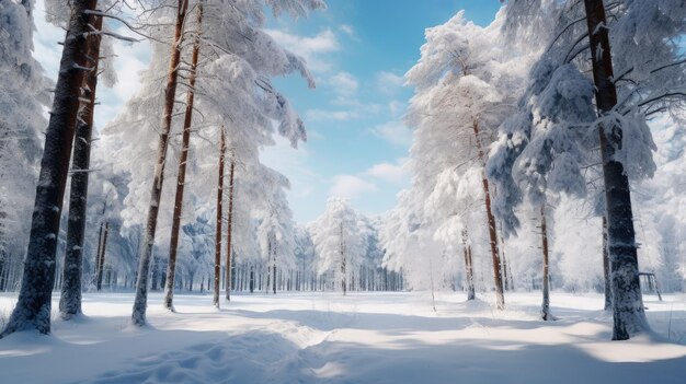 una foresta coperta di neve piena di alberi